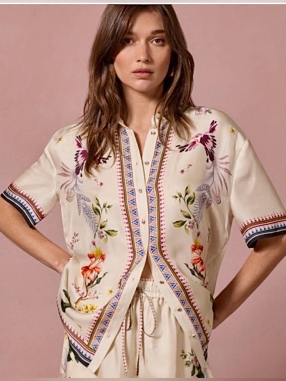Johnny Was Ophelia Camp Shirt Silk Ivory Off White Floral Button-Down Up NWT XL